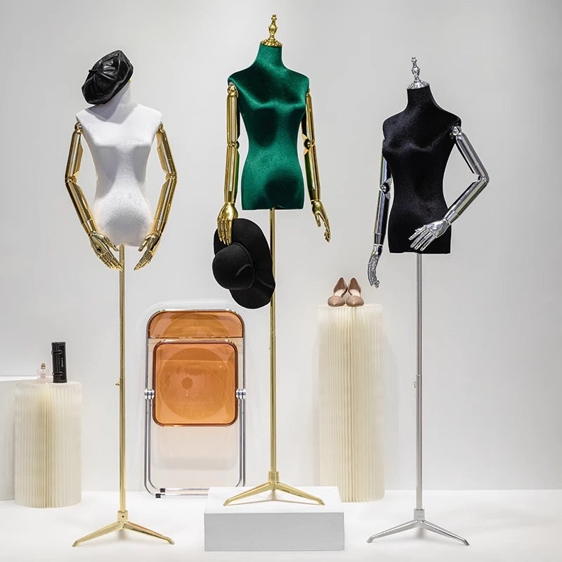 Dark Green Velvet Female Mannequin in Gold Base FM110265