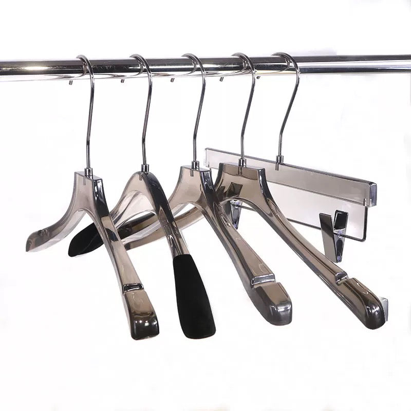 Smoky Grey Flocked Transparent Acrylic Hanger for WOMEN 400W x 35mm Thick HG100835