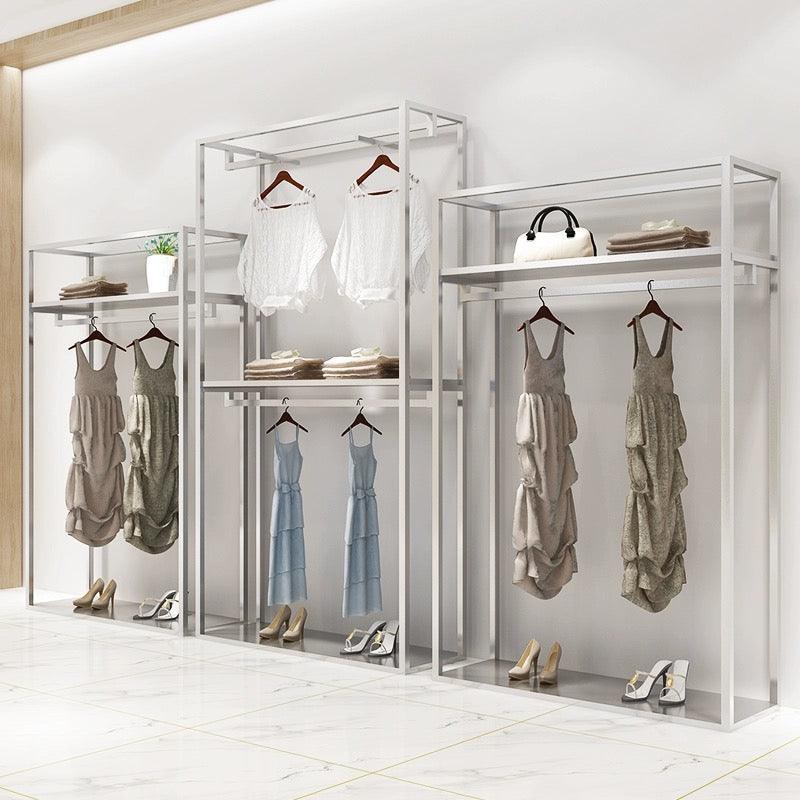 Double-level Display Silver Freestanding Stainless Steel Clothing Rack 1200L x 400W x 2200H CR110445 - Build Your Shops
