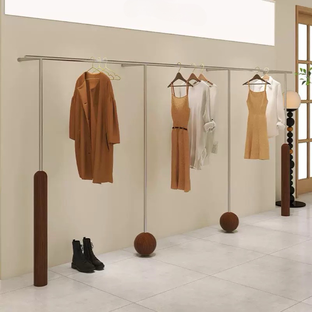 Artistic Wall-Mounted Clothing Rack with Stainless Steel and Solid Wood 3600L x 300W x 1700H CR100784