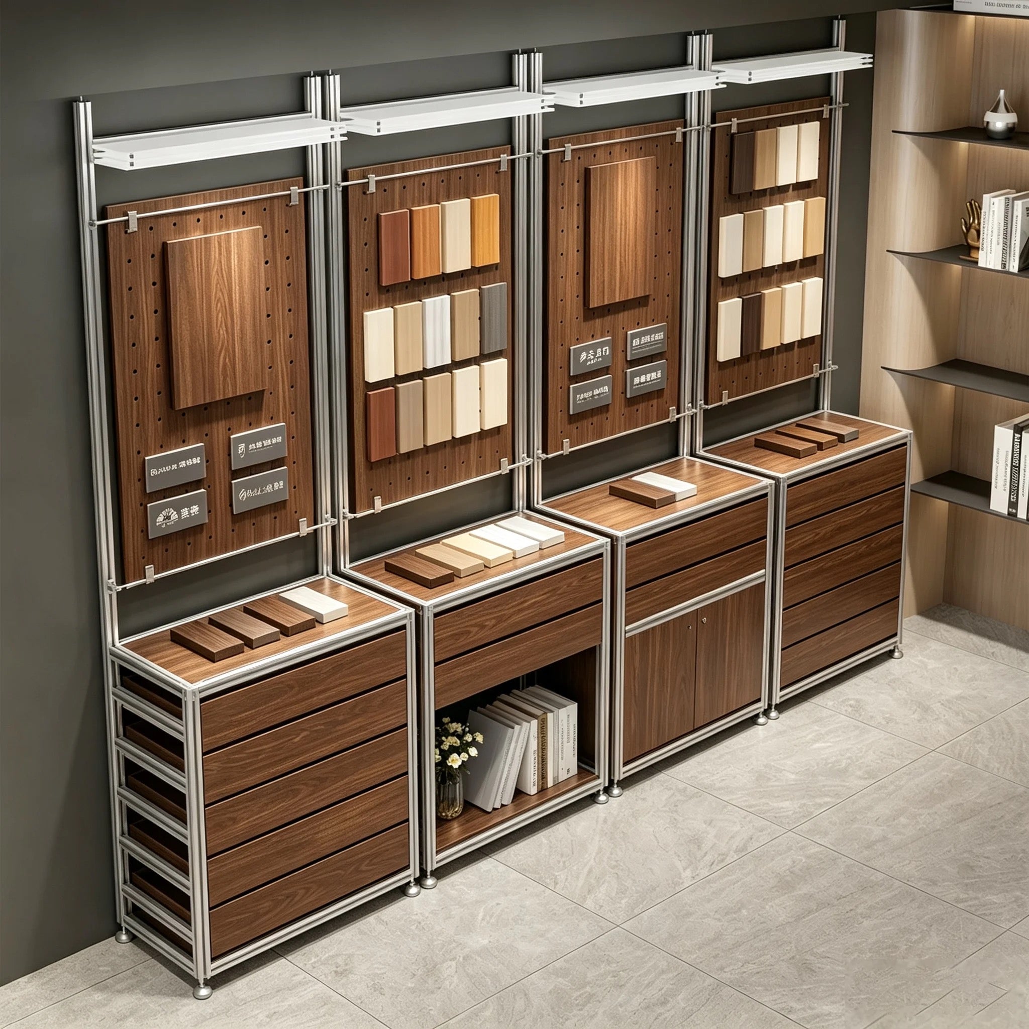 Walnut Wood and Silver Aluminum Frame Combined Display Cabinet 800L x 450W x 2000H MDS101147