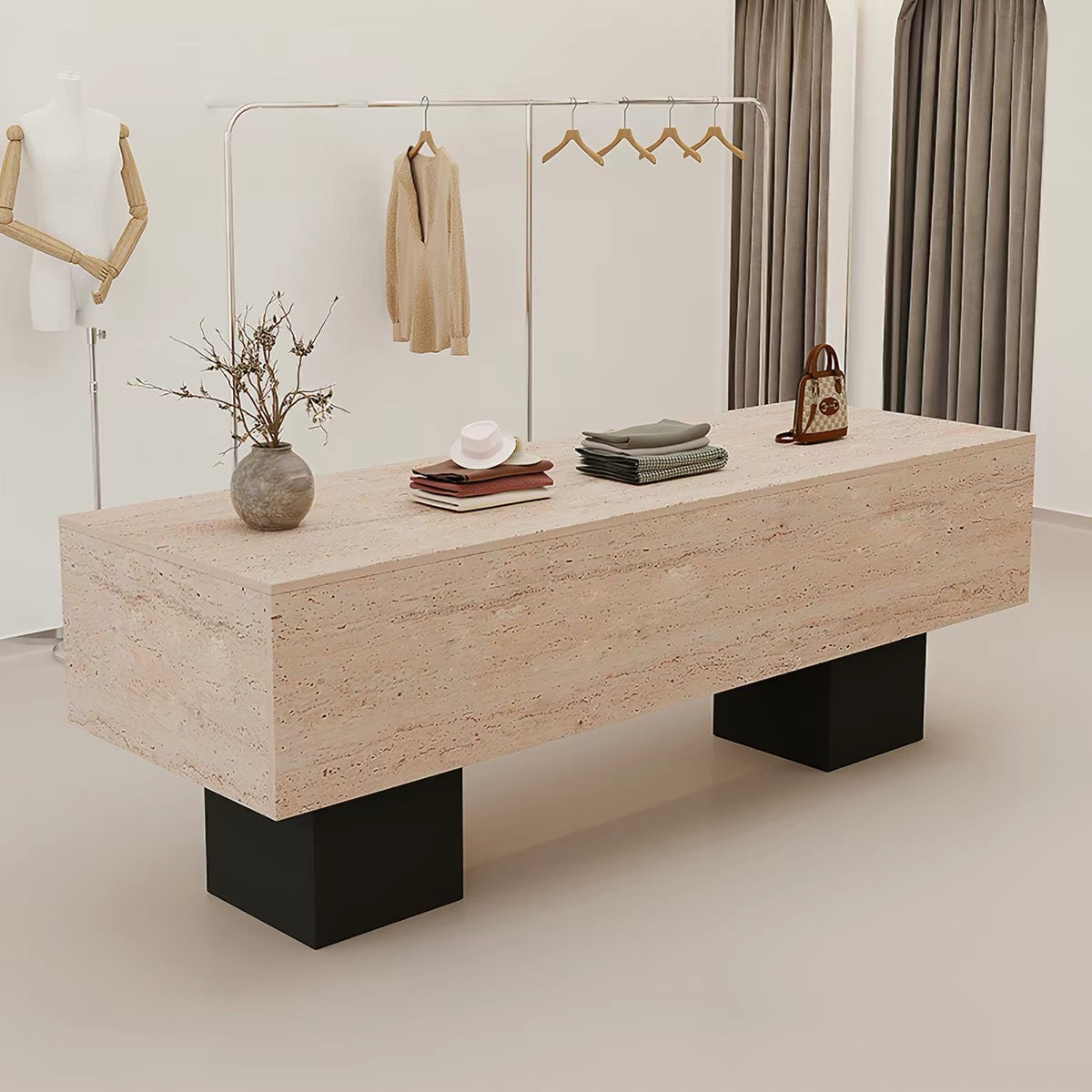 Travertine Veneer Retail Display Table with Black Metal Legs 1400L x 600W x 750H dpt102546