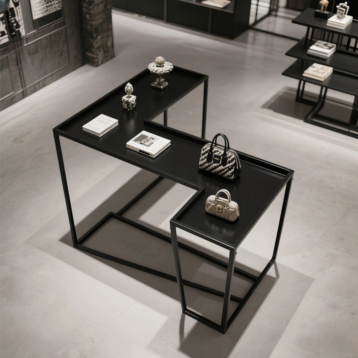 Black Metal Display Table with L-Shaped Design 1200L x 650W x 750H dpt100845