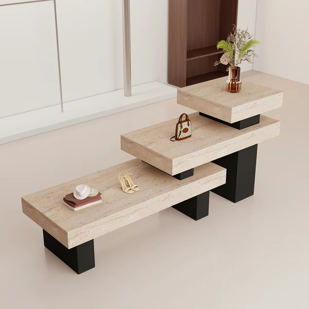 Travertine Veneer Staggered Retail Display Table 1400L x 600W x 900H dpt1002746