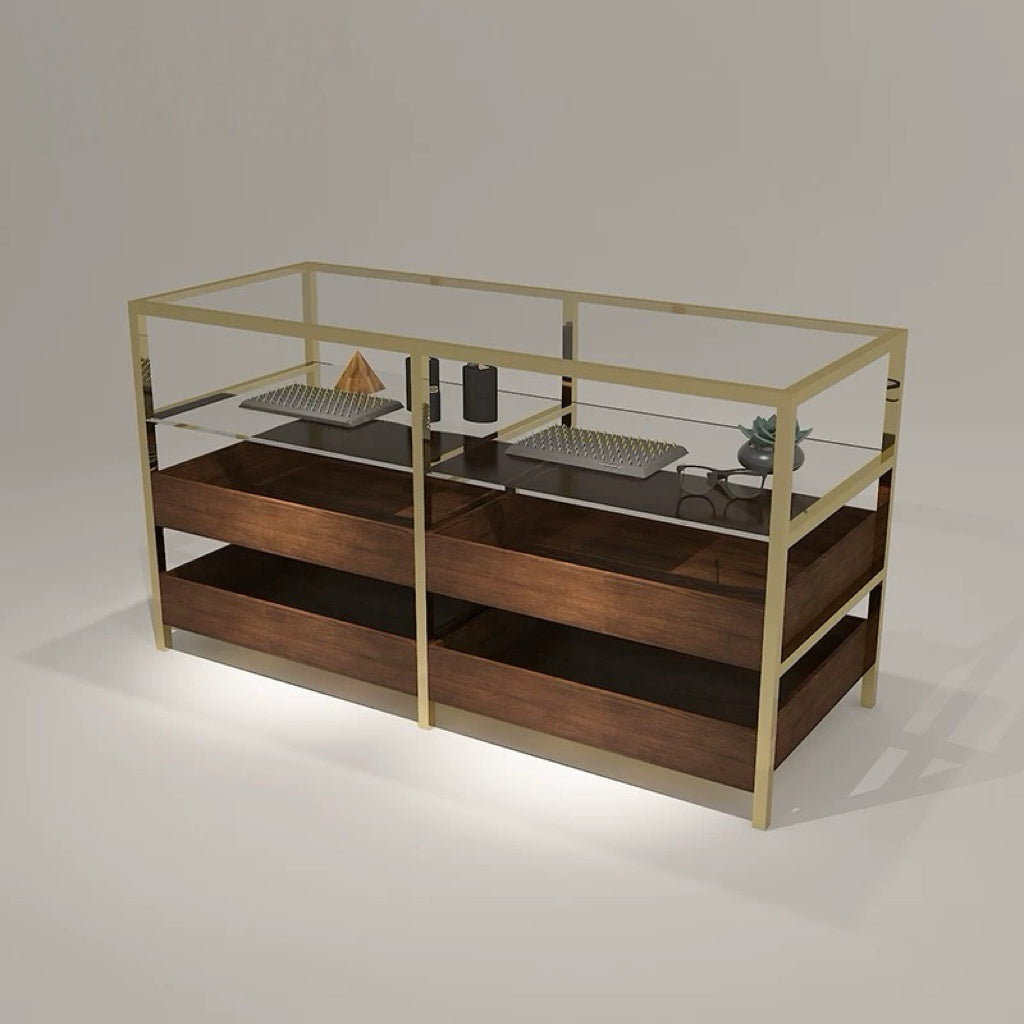 Metal Frame Glass Display Cabinet with Wood Grain Drawers 1500L x 600W x 810H dps101765