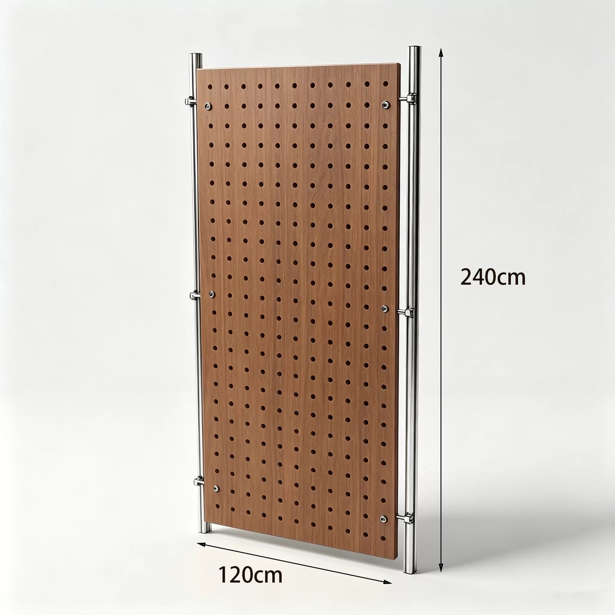 Walnut Wood and Stainless Steel Double-Pillar Pegboard Display Rack 1200W x 2400H MDS100754