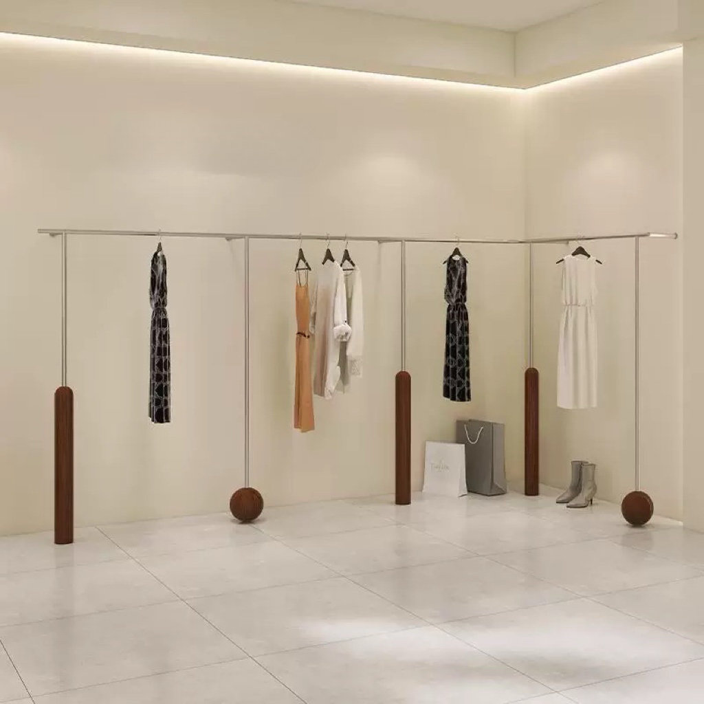 Artistic Wall-Mounted Clothing Rack with Stainless Steel and Solid Wood 3000L x 300W x 1700H CR100625