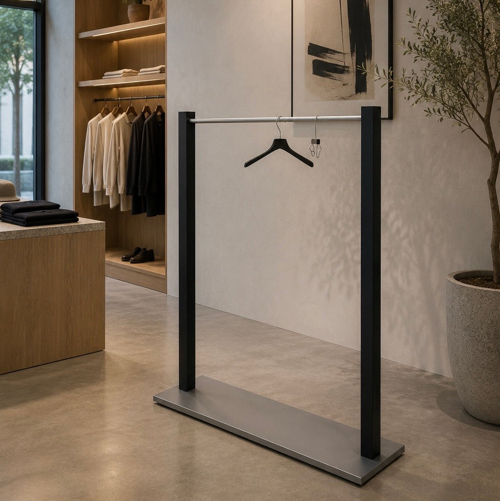 Brushed Stainless Steel Clothing Display Rack with Glaze-Sealed Finish 1500L x 400W x 1700H CR100842