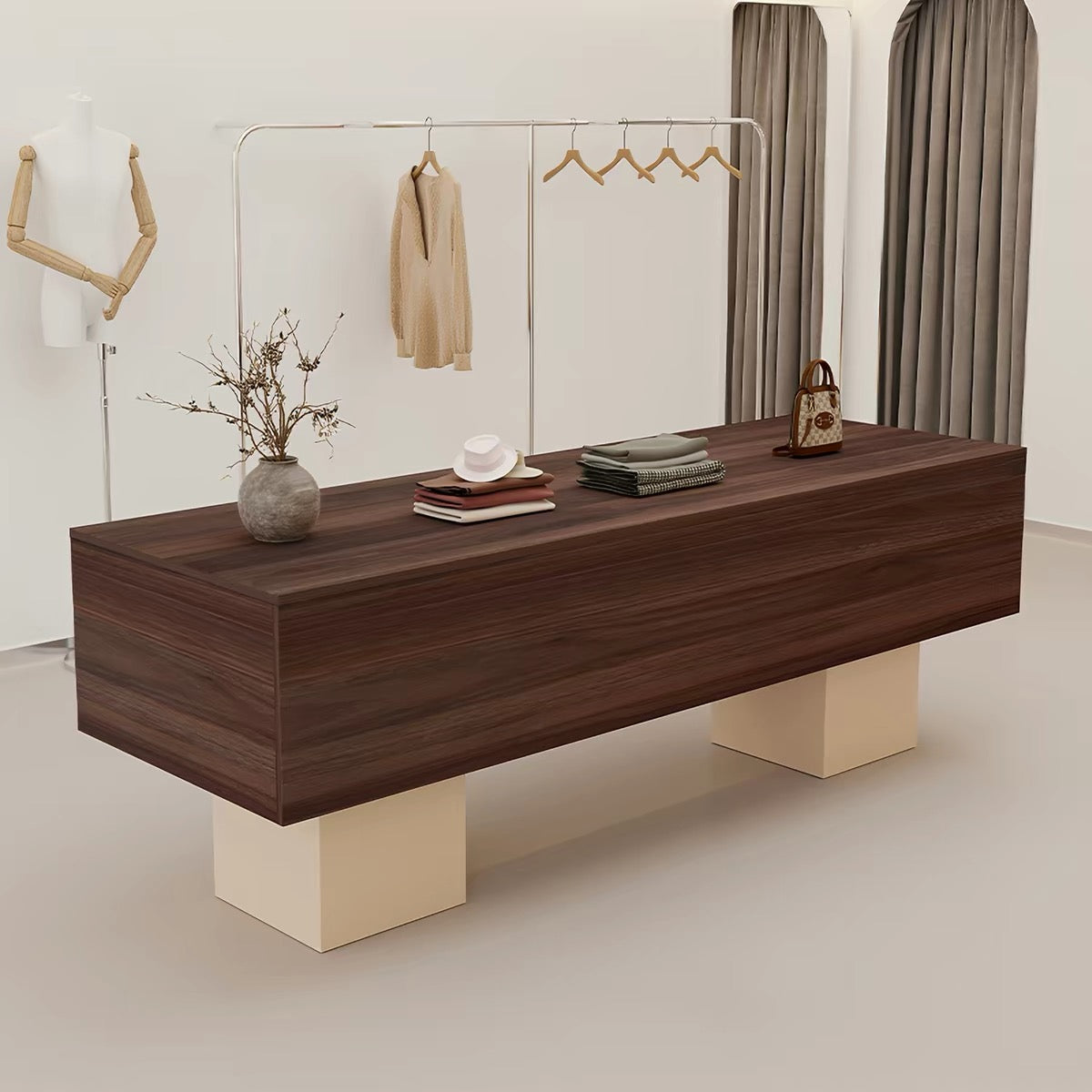 Dark Wood Grain Top with Light Travertine Legs Retail Display Table 1400L x 600W x 750H dpt102726