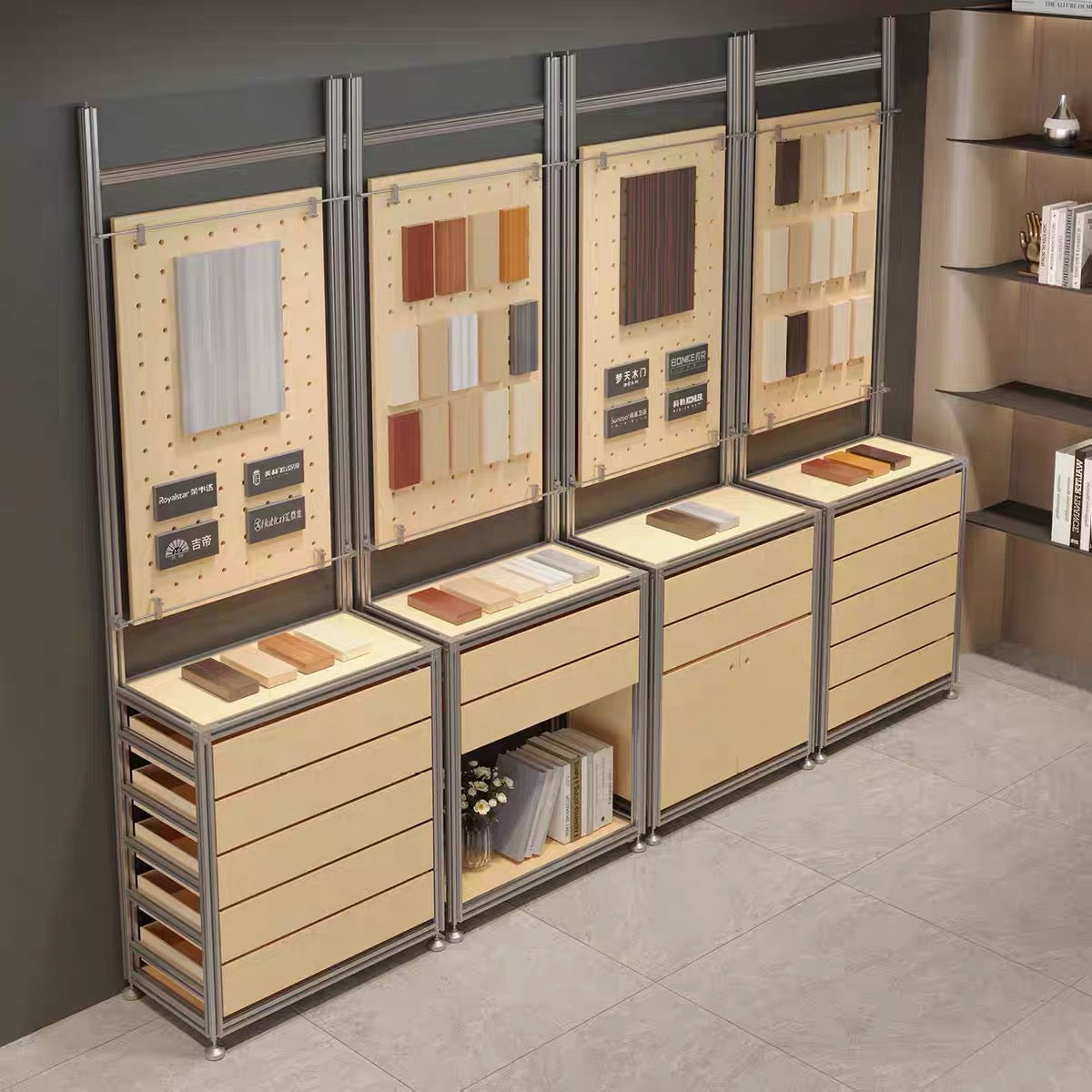 Beech Wood and Silver Aluminum Frame Combined Display Cabinet 800L x 450W x 2000H MDS101064