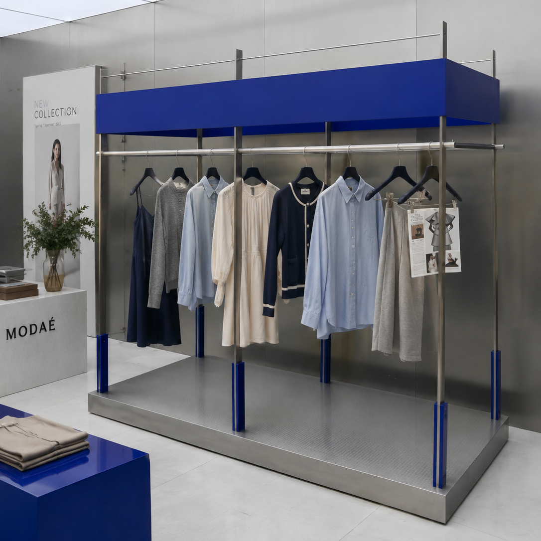 Minimalist Metal Display Rack with Klein Blue Accent 2400L x 1200W x 2200H CR102416