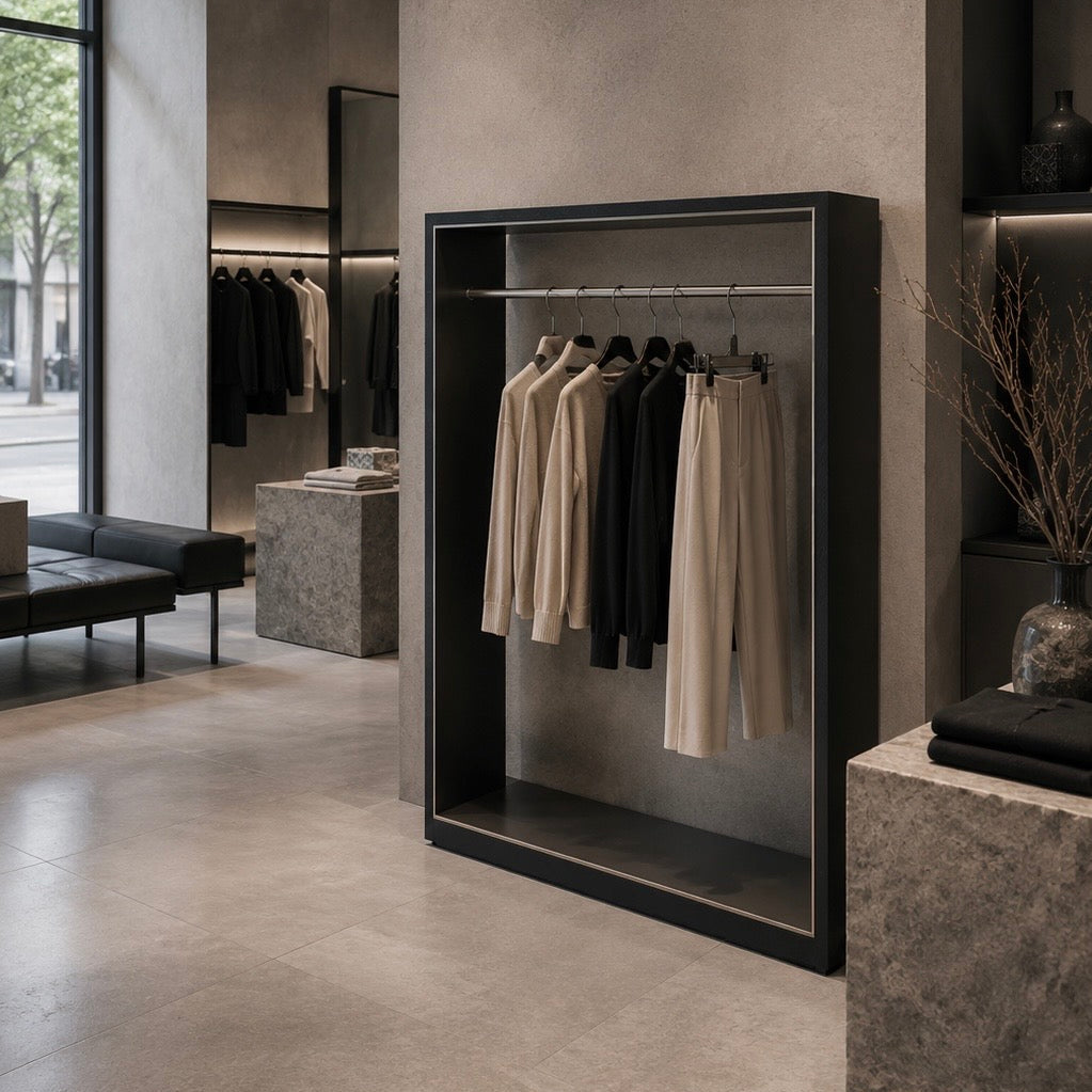 Designer Clothing Display rack in Black Wood Grain Finish 1500L x 400W x 2000H CR102142