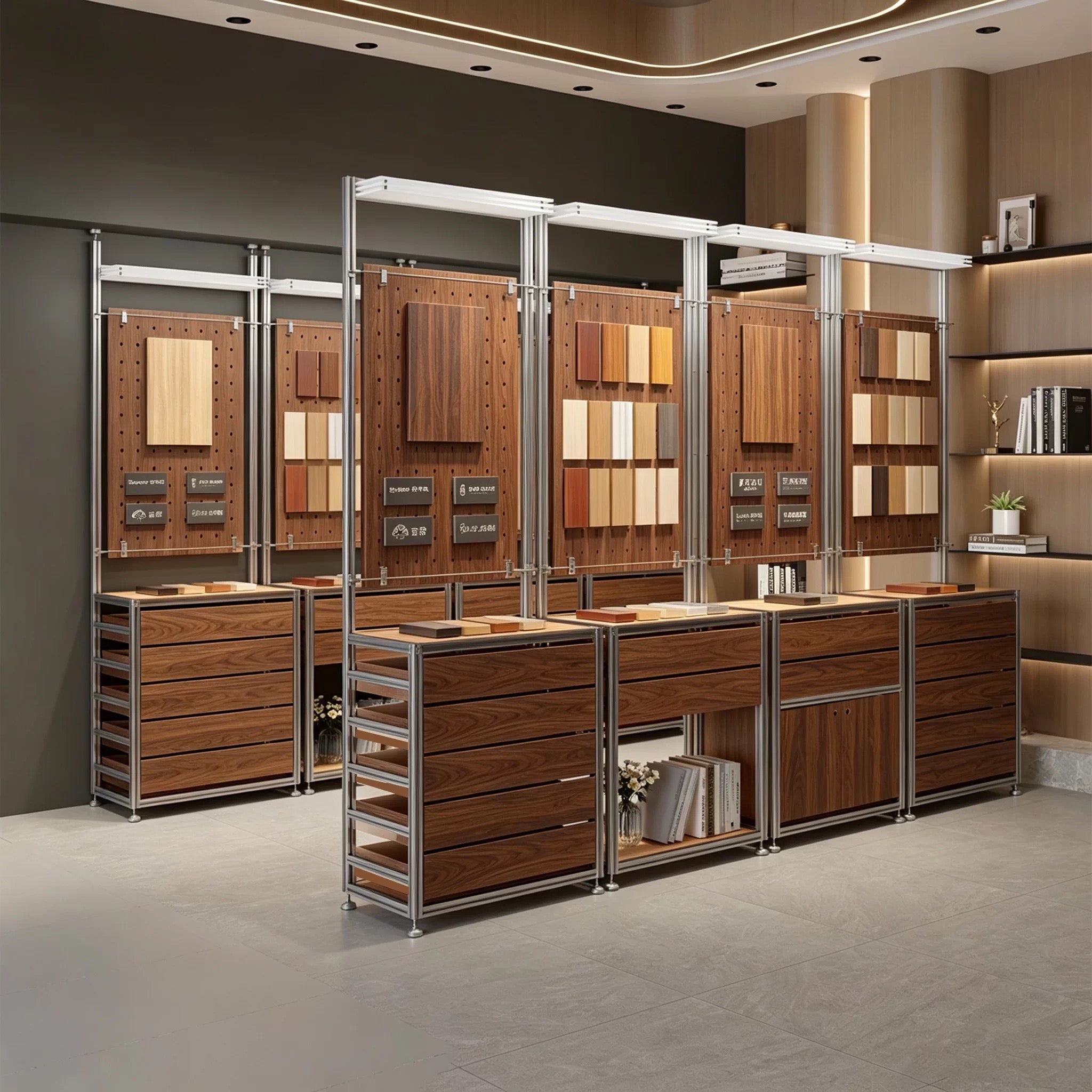 Walnut Wood and Silver Aluminum Frame Combined Display Cabinet 800L x 450W x 2000H MDS101147