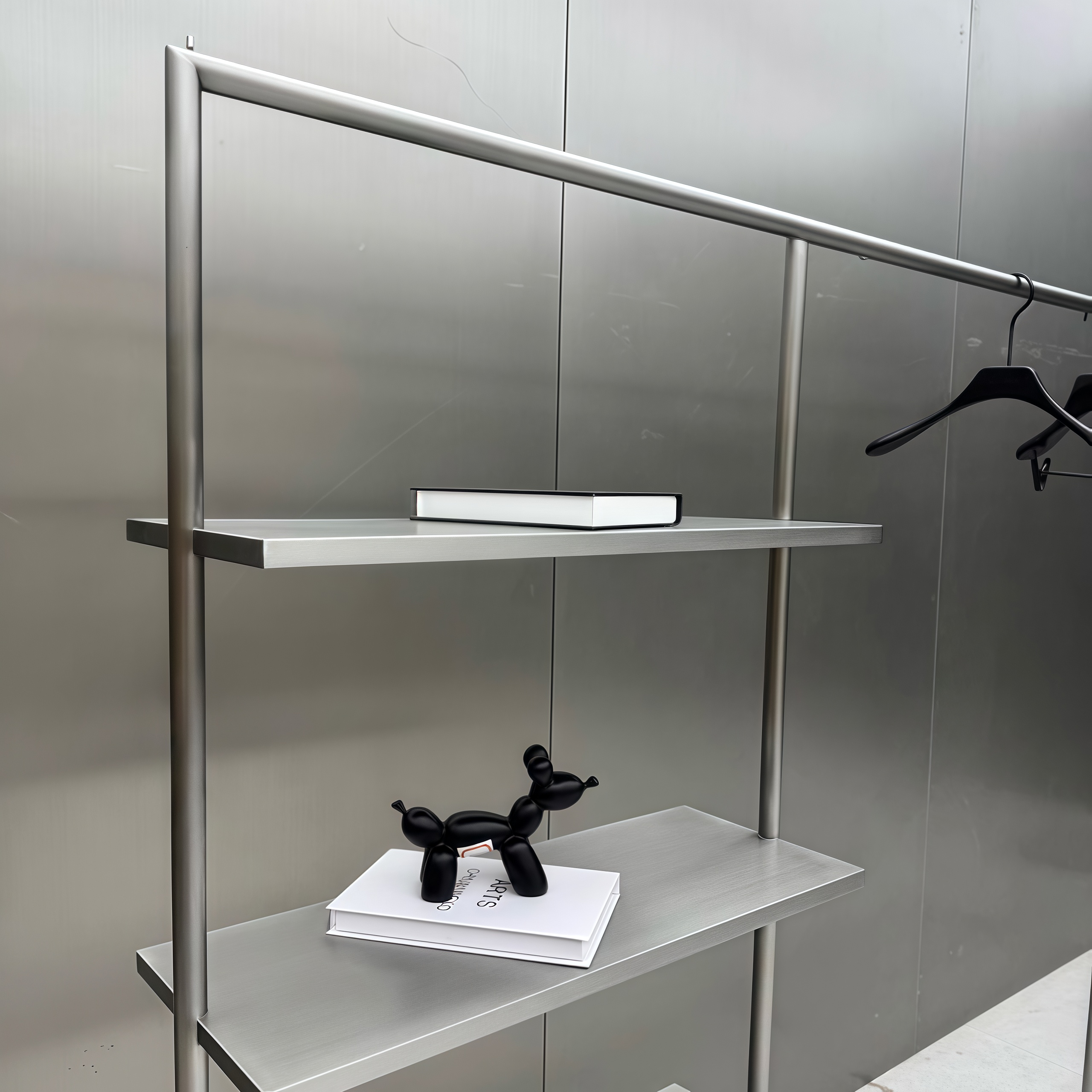 Stainless Steel Minimalist Clothing Display Rack with Integrated Shelving 3000L x 400W x 1700H CR101426