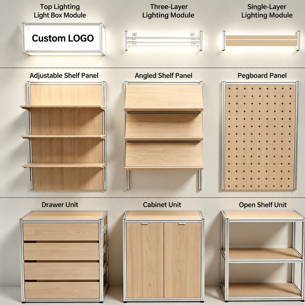 Beech Wood and Silver Aluminum Frame Combined Display Cabinet 1570L x 450W x 2000H MDS101067