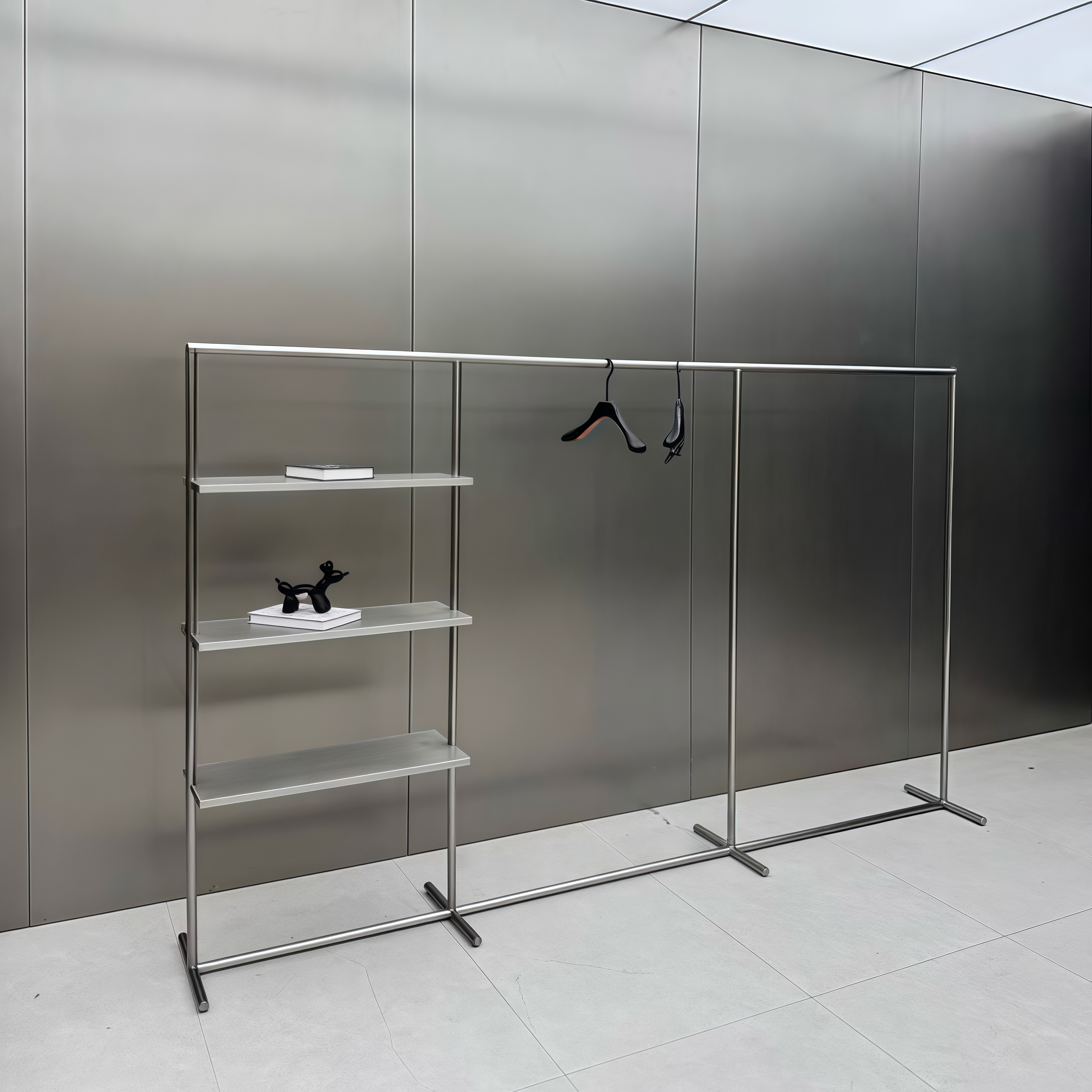 Stainless Steel Minimalist Clothing Display Rack with Integrated Shelving 3000L x 400W x 1700H CR101426