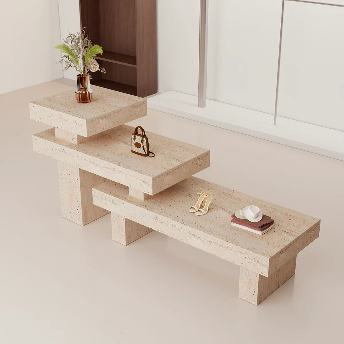 All-Travertine Veneer Staggered Retail Display Table 1400L x 600W x 900H dpt102876