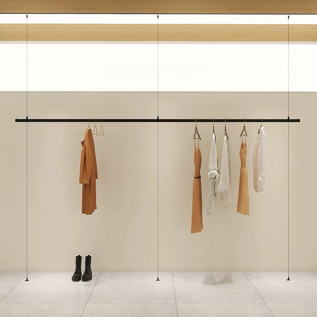 Minimalist Black Ceiling-Mounted Clothing Rack 2400L x 3000H CR100374