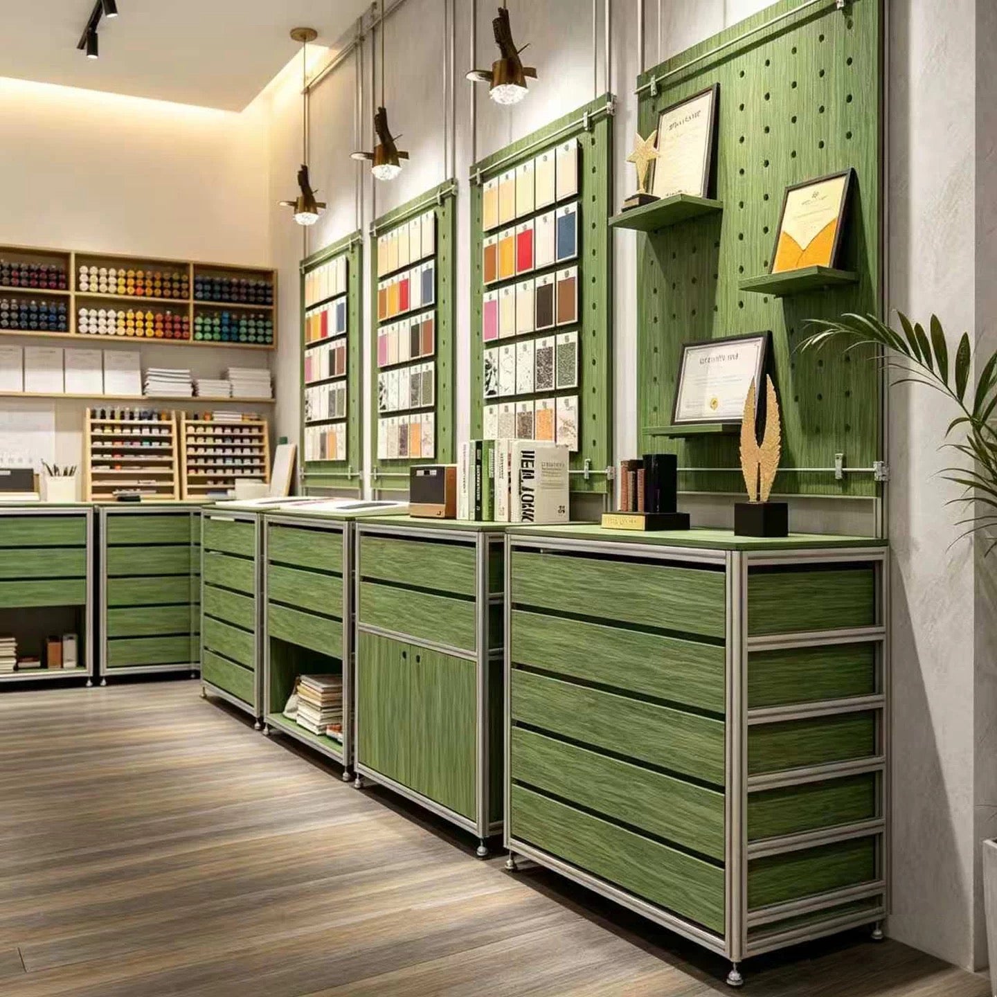 Green Wood-Grain and Silver Aluminum Frame Combined Display Cabinet 800L x 450W x 2000H MDS121147