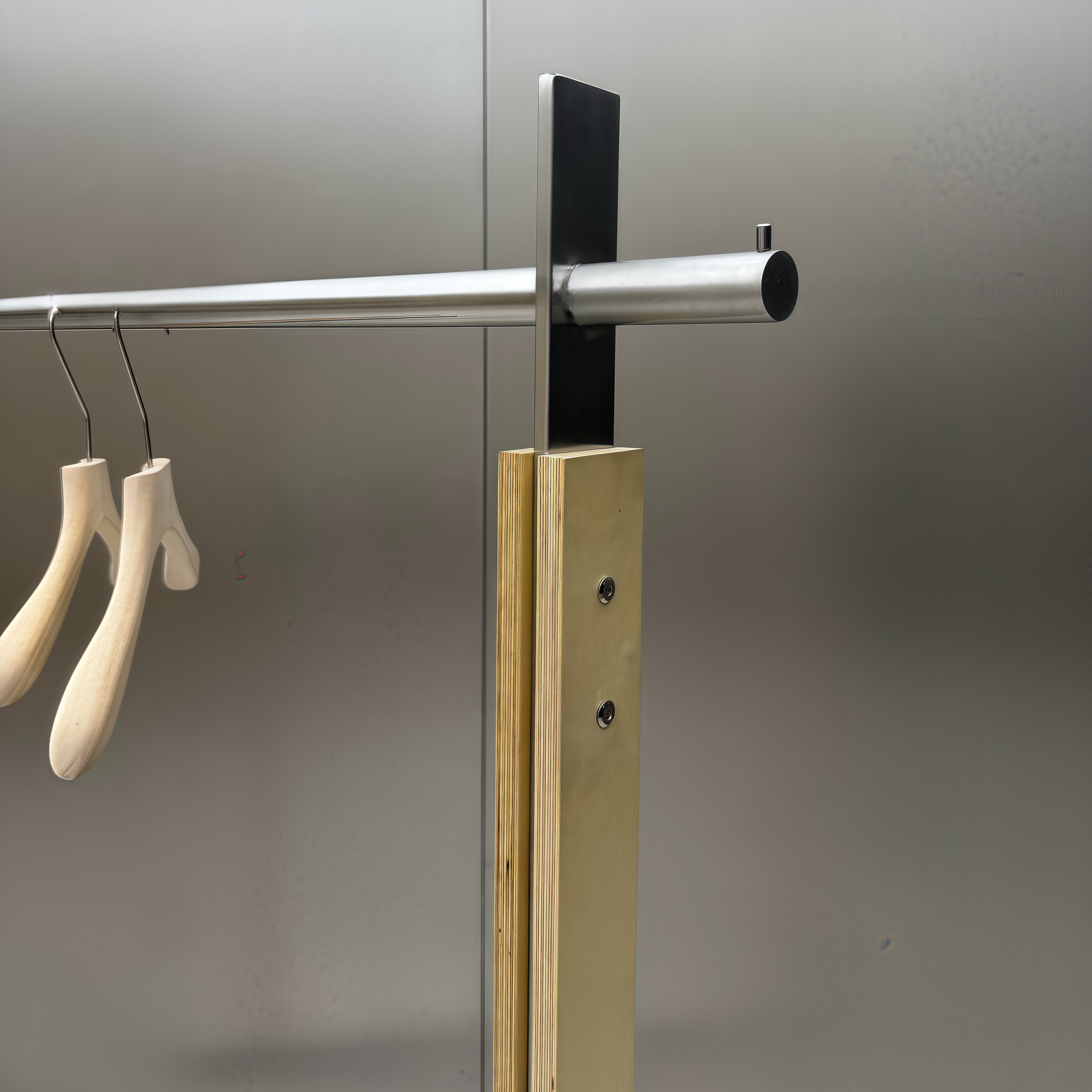 Minimalist Birch Wood Grain & Brushed Stainless Steel Clothing Display Rack 1500L x 400W x 1700H CR110864