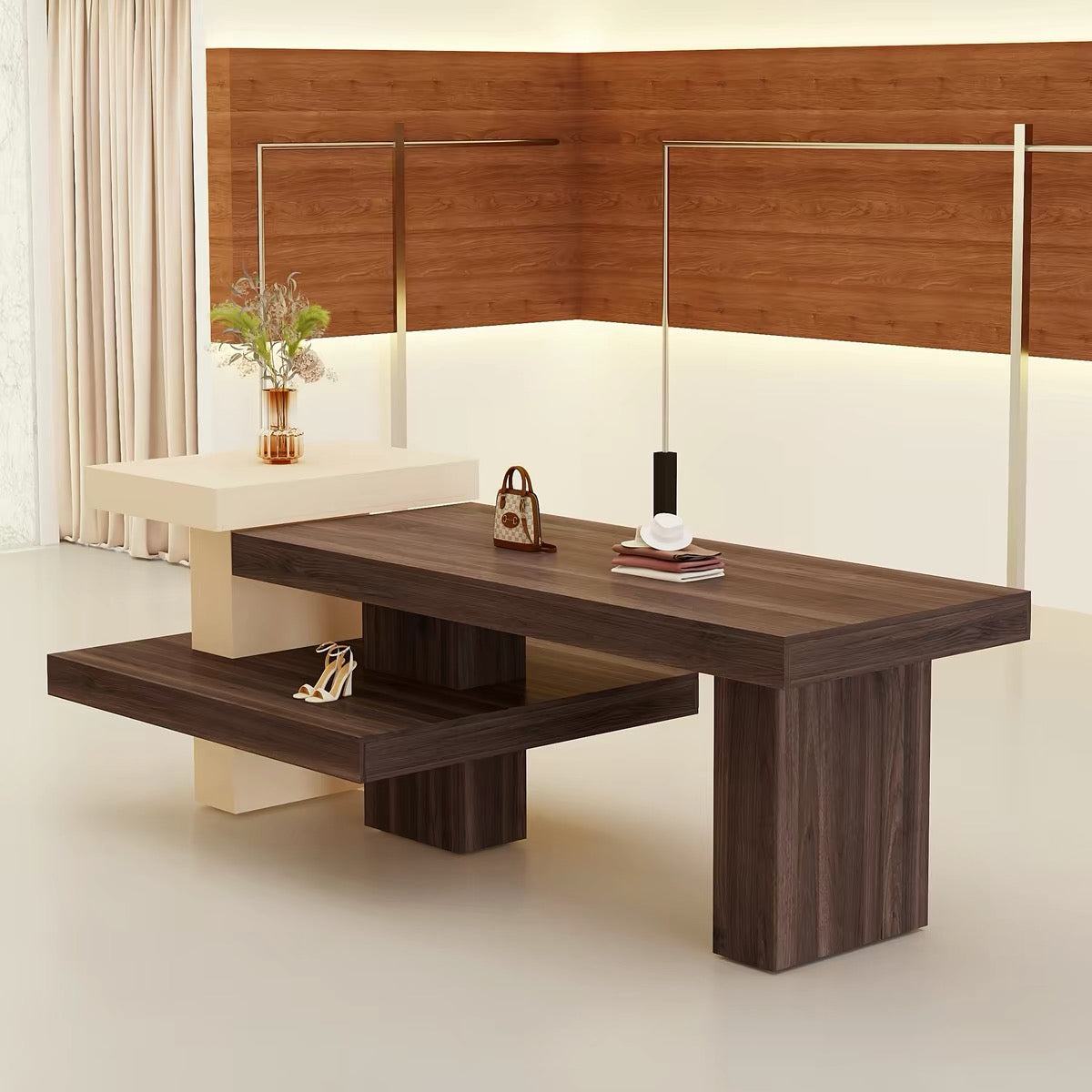 Walnut Veneer and Cream Painted Two-Tier Retail Display Table 1600L x 800W x 900H dpt102683
