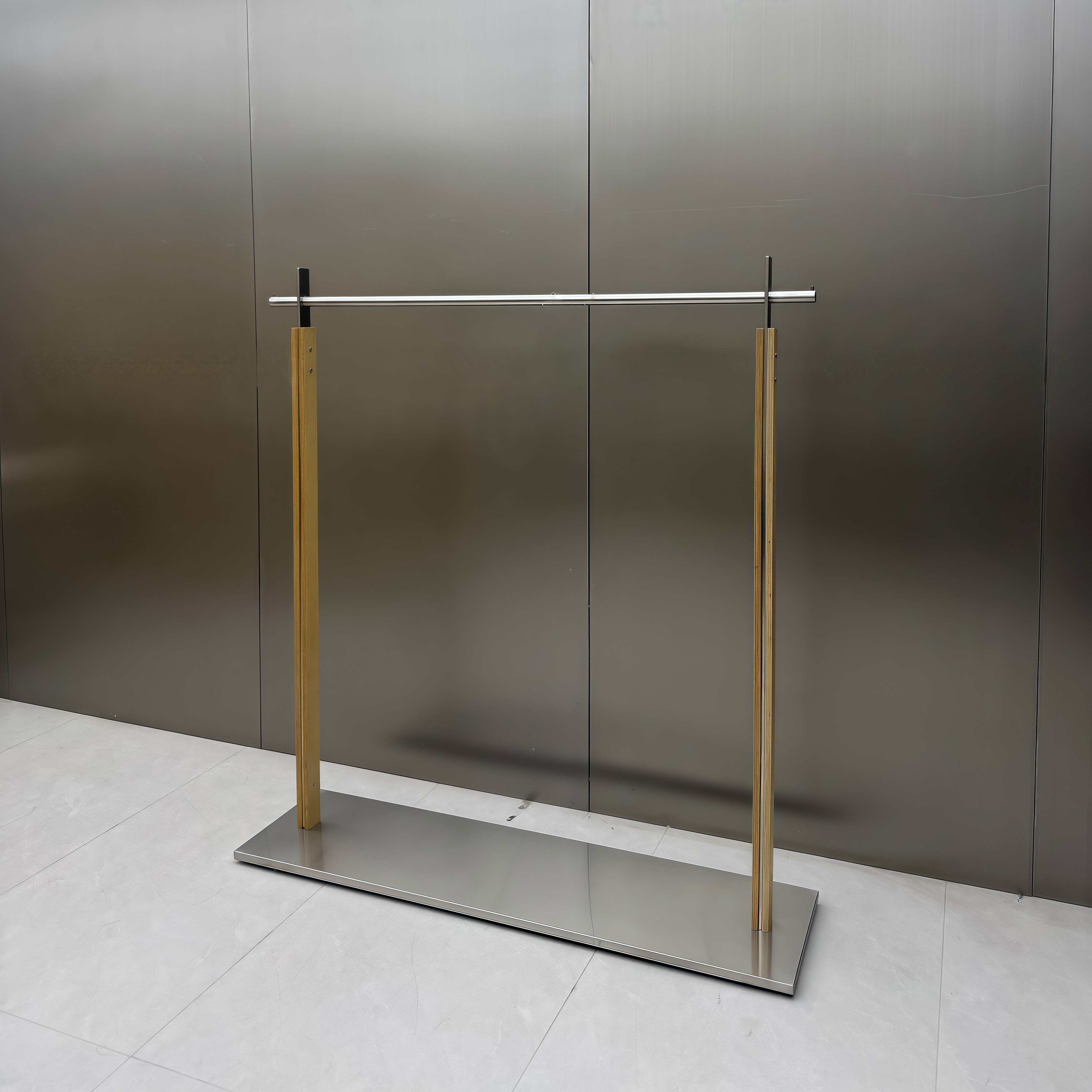 Minimalist Birch Wood Grain & Brushed Stainless Steel Clothing Display Rack 1500L x 400W x 1700H CR110864