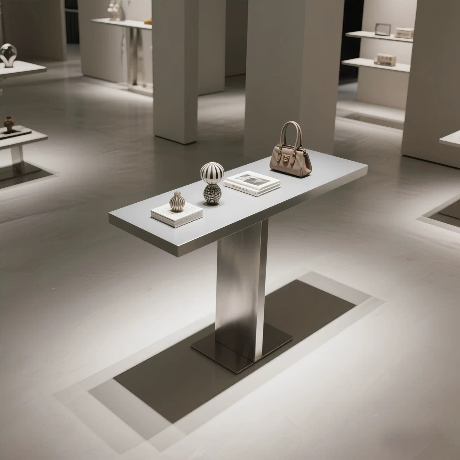 Stainless Steel Rectangular Display Table with Single Pedestal Base 1200L x 500W x 750H dpt101439
