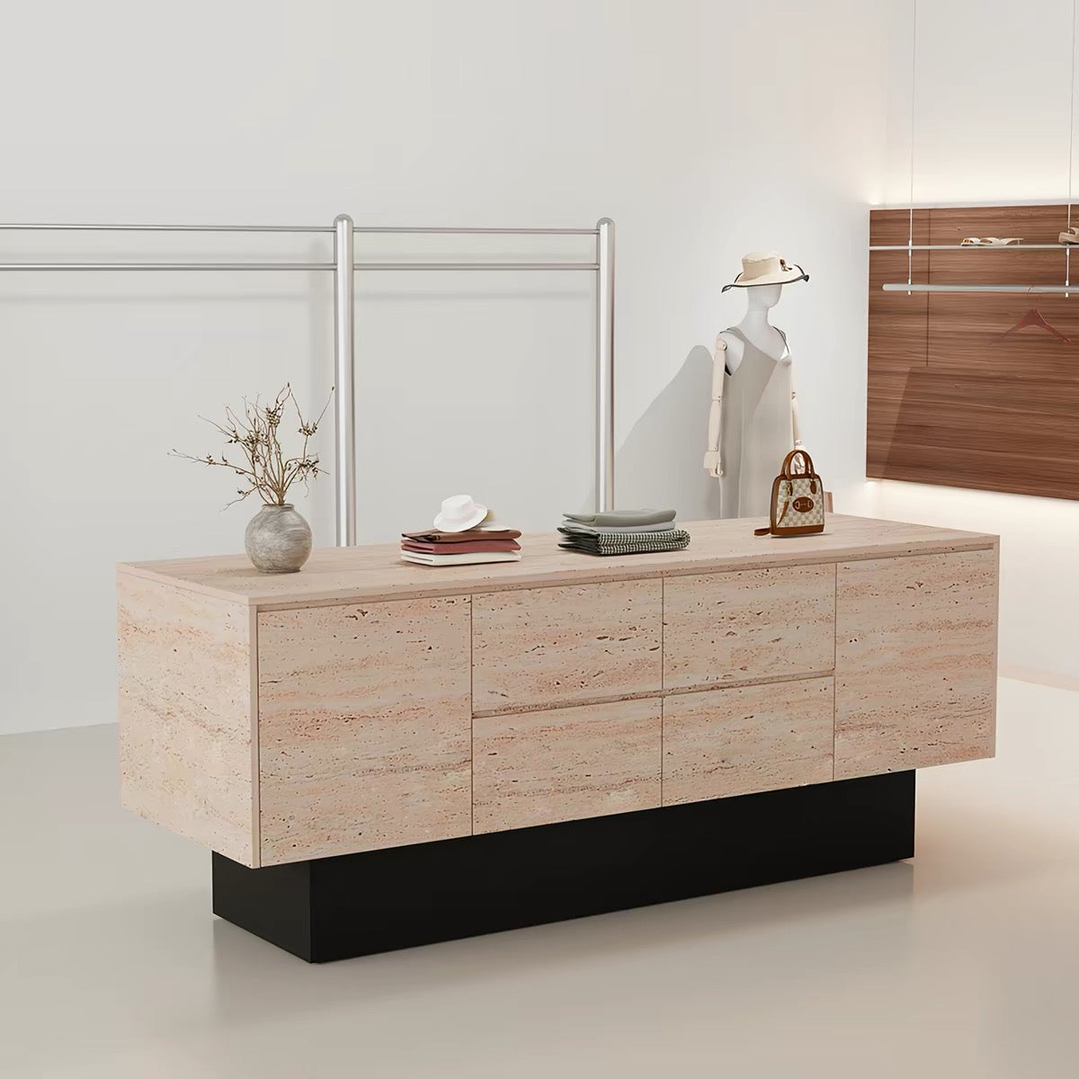 Travertine Veneer with Black Painted Base Retail Storage Display Cabinet 1400L x 600W x 800H dps112847