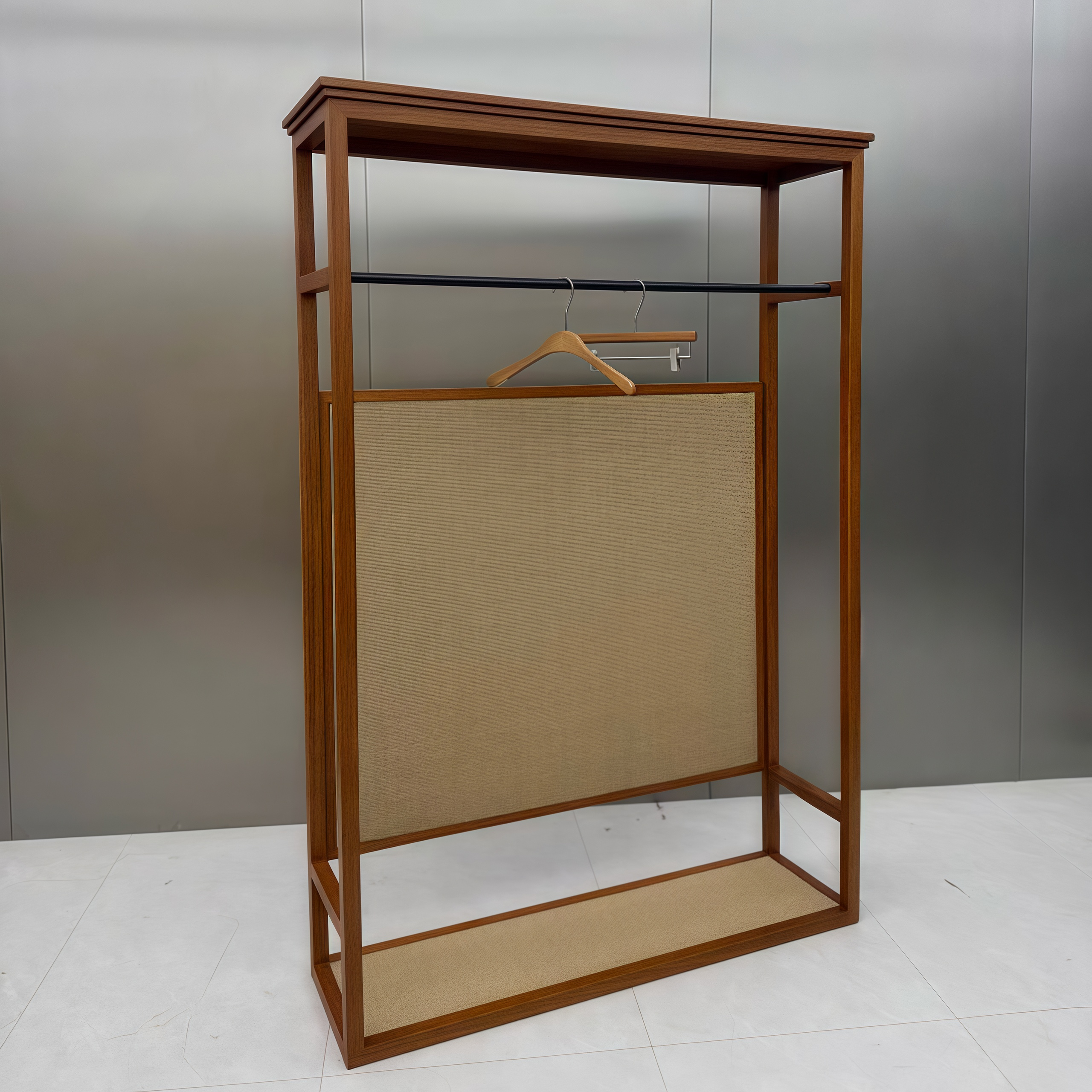 Walnut Wood-Grain Display Rack with Woven Panel Back 1500L x 400W x 2000H CR102084