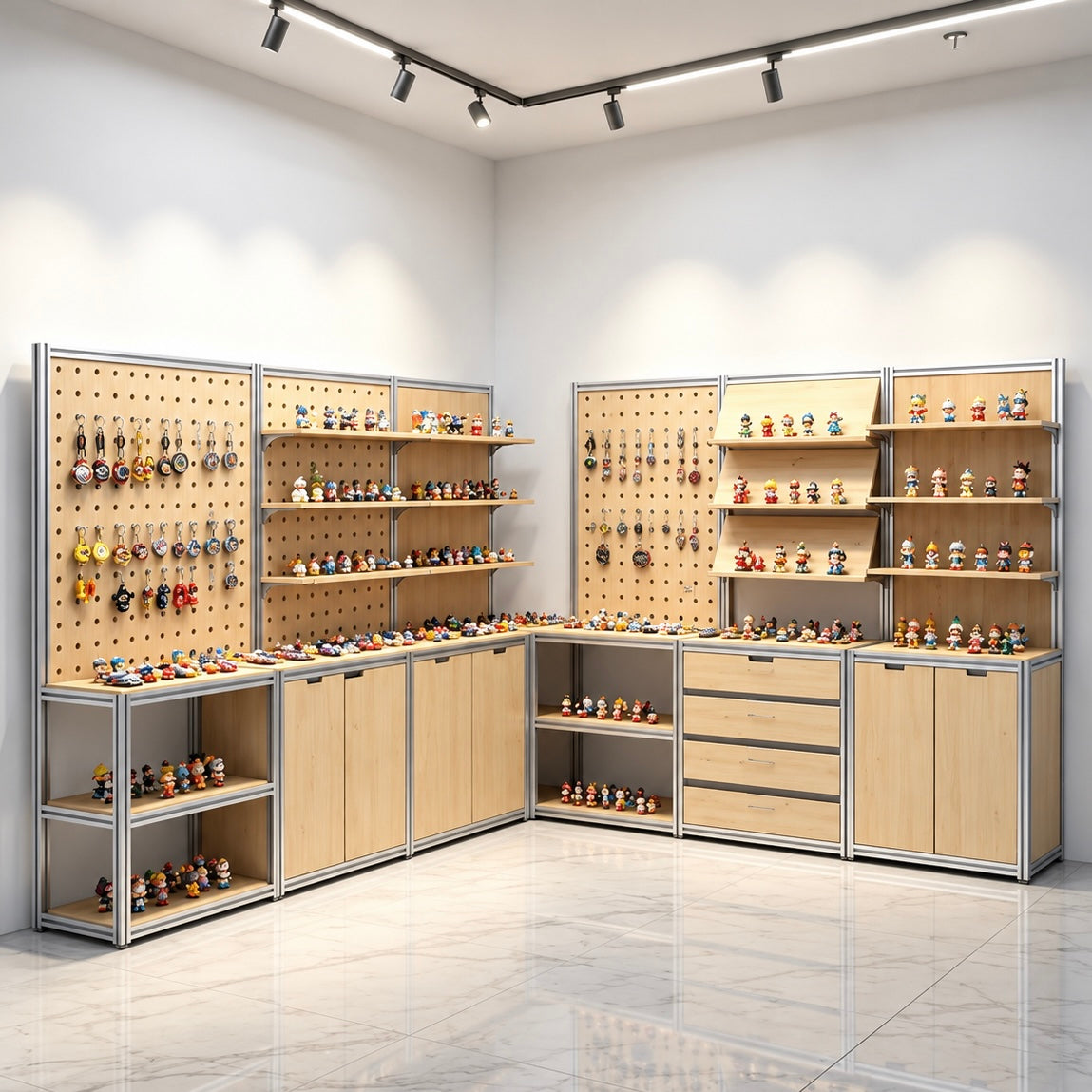 Beech Wood and Silver Aluminum Frame Combined Display Cabinet 1570L x 450W x 2000H MDS101067