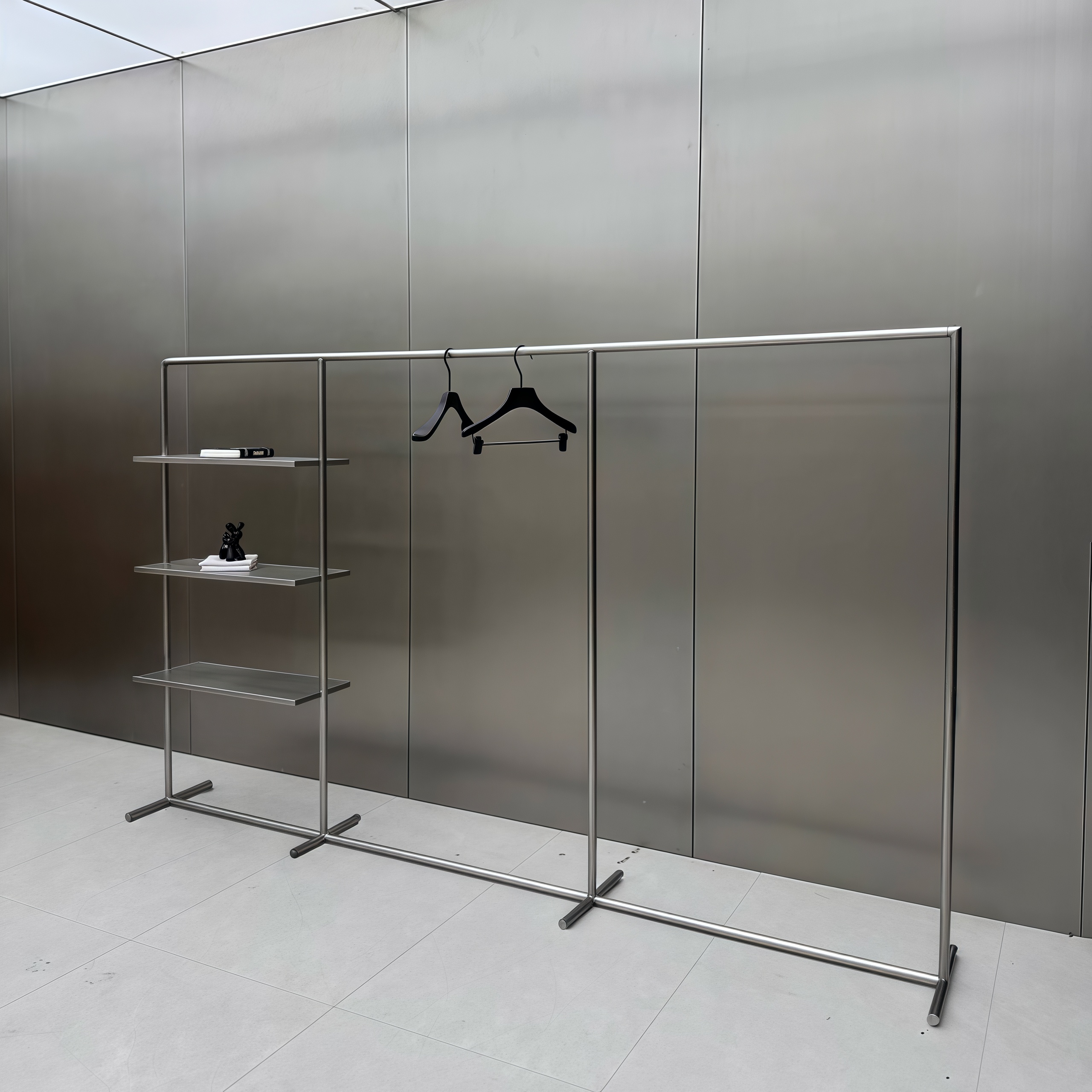 Stainless Steel Minimalist Clothing Display Rack with Integrated Shelving 3000L x 400W x 1700H CR101426